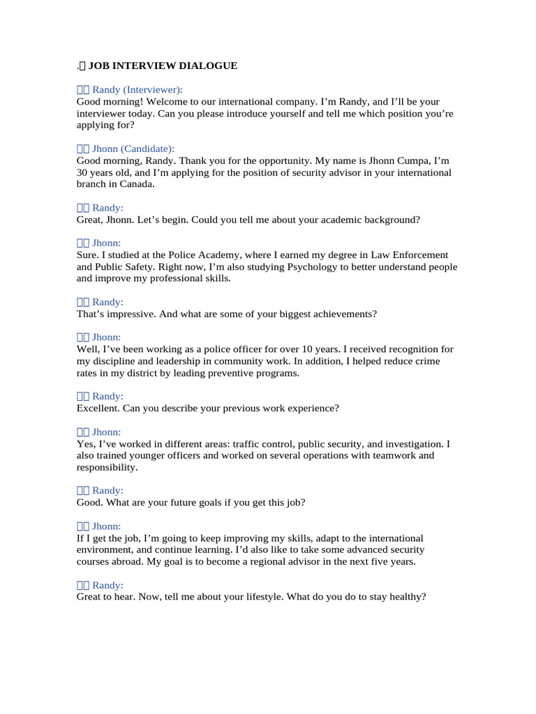 Job Interview Dialogue for Security Advisor | PDF | Social Psychology ...