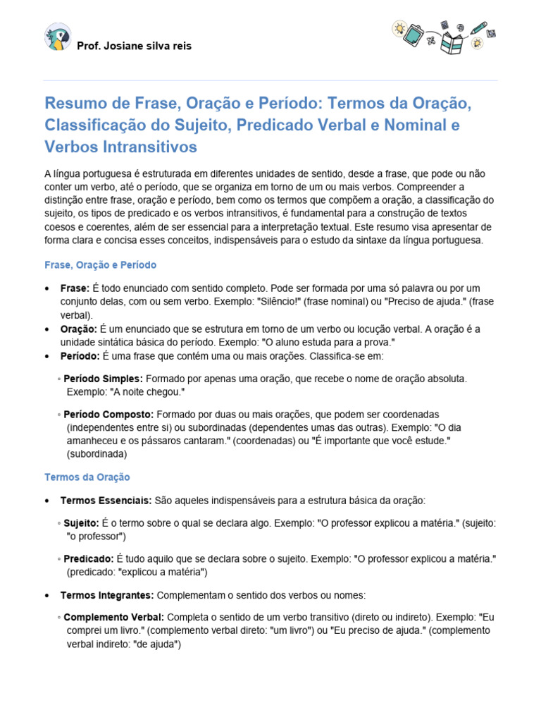 Estrutura da Oração na Língua Portuguesa | PDF | Assunto (gramática ...
