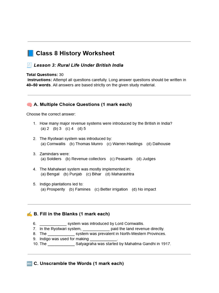 8th, S.ST., PT-2, Worksheet L-H. 3,4 & G. - 2 | PDF | British Raj | Soil