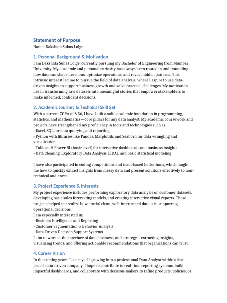 Data Analyst Statement of Purpose | PDF | Data Analysis | Data