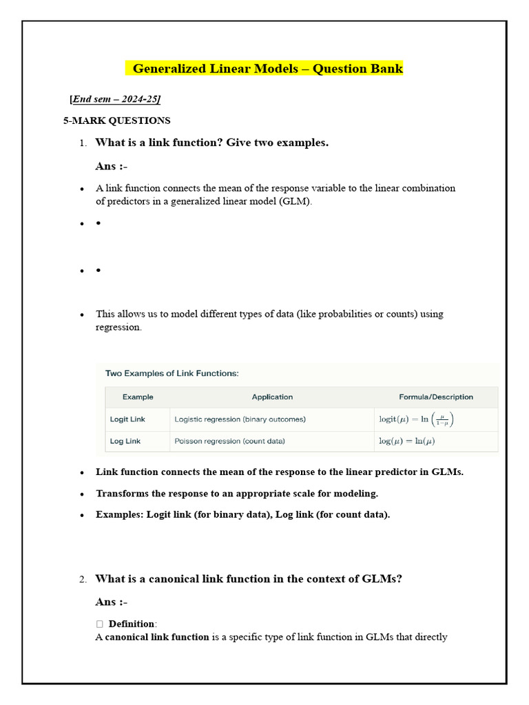 Generalized Linear Models Question Bank | PDF | Regression Analysis ...
