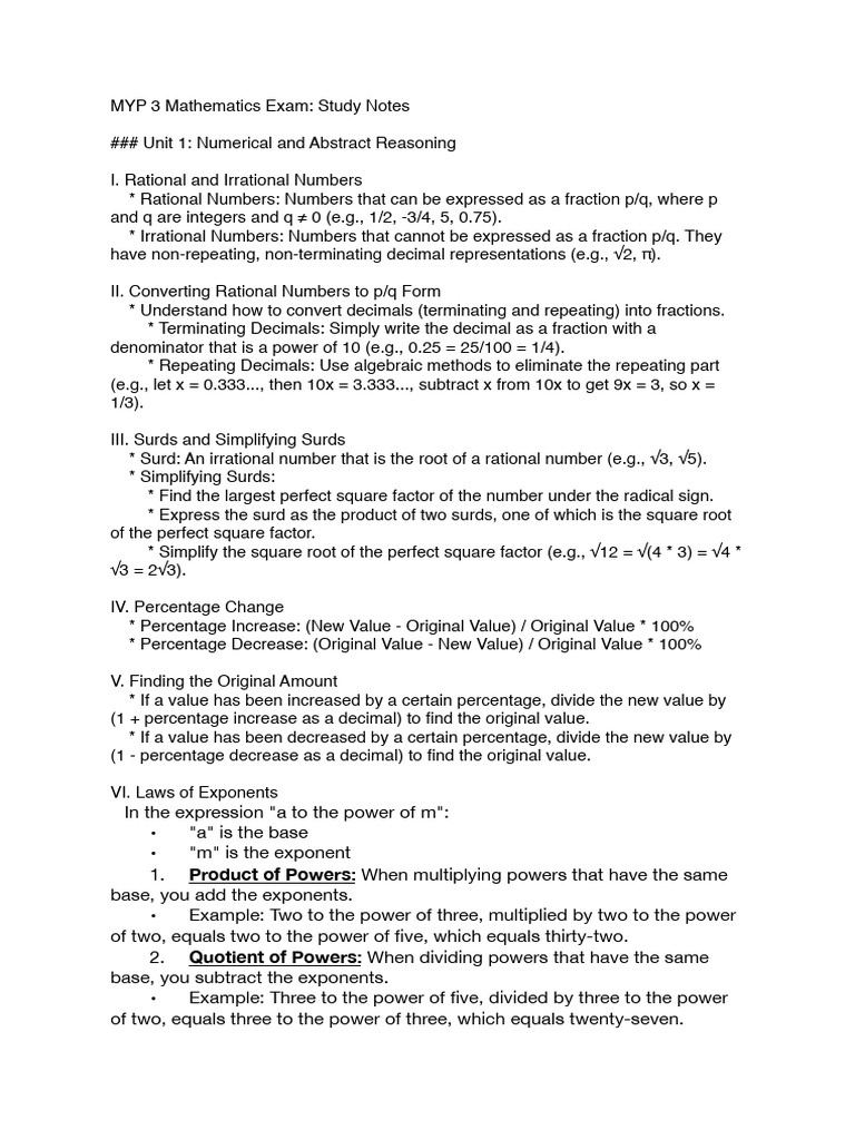 MYP 3 Math Exam Study Guide | PDF | Numbers | Multiplication
