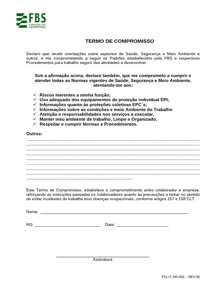 Termo de Compromisso de Segurança e Saúde | PDF