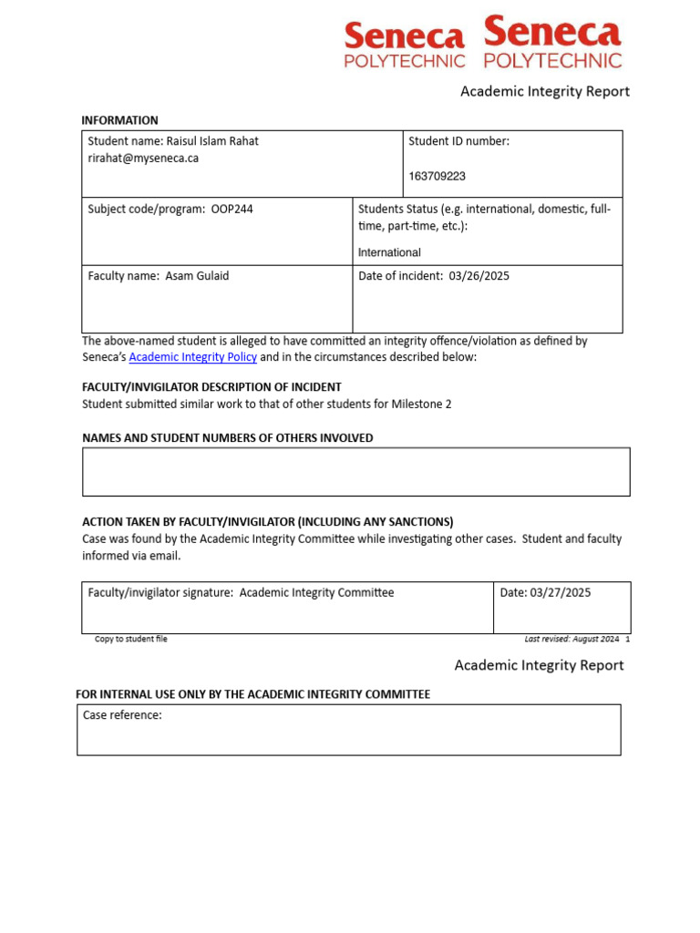 Academic Integrity Report - Raisul Islam Rahat (SCPA2251-108) | PDF ...