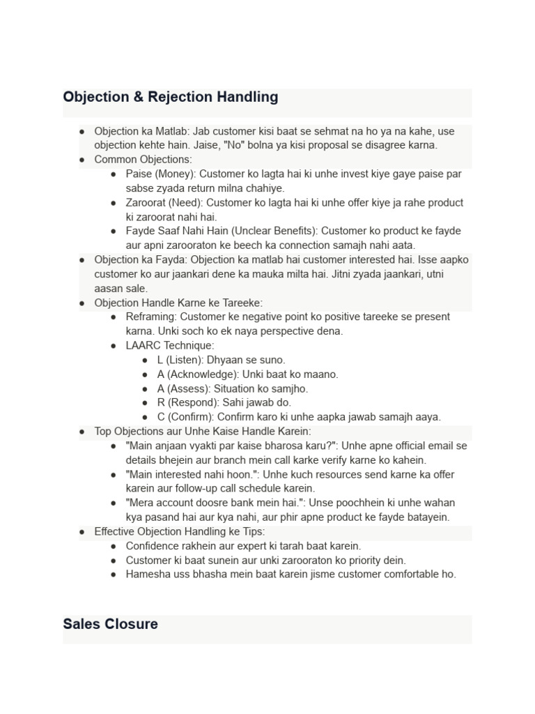 Objection Handling and Sales Closure Guide | PDF | Business | Financial ...