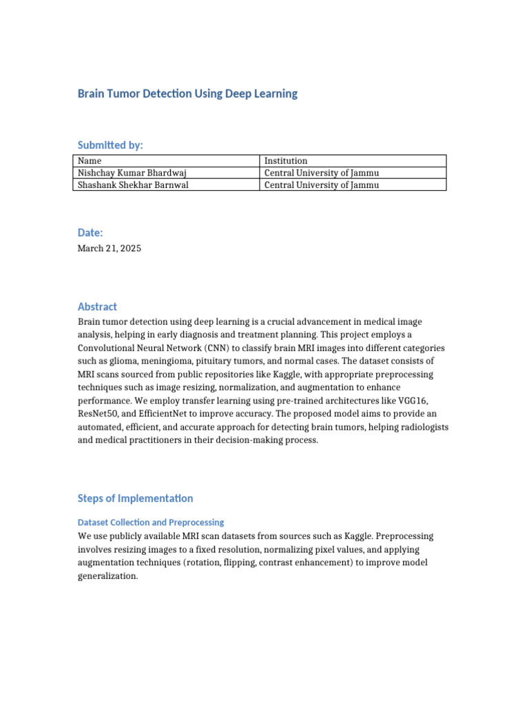 Deep Learning for Brain Tumor Detection | PDF