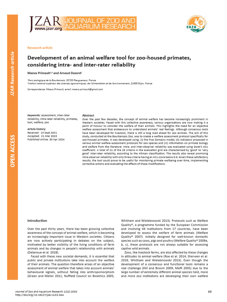 Primate Welfare Assessment Tool Development | PDF