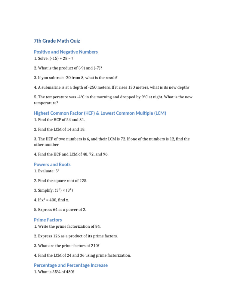 7th Grade Math Quiz Questions | PDF