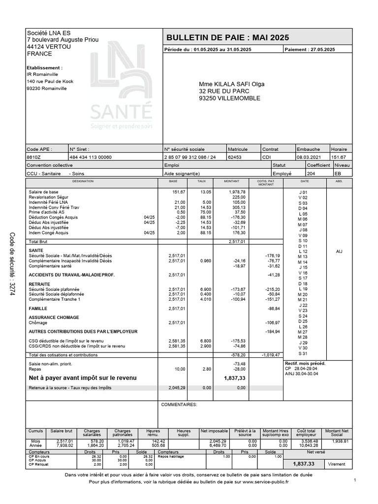 Bulletin de paie Mai 2025 - LNA ES | PDF | Impôt sur le revenu | Salaires