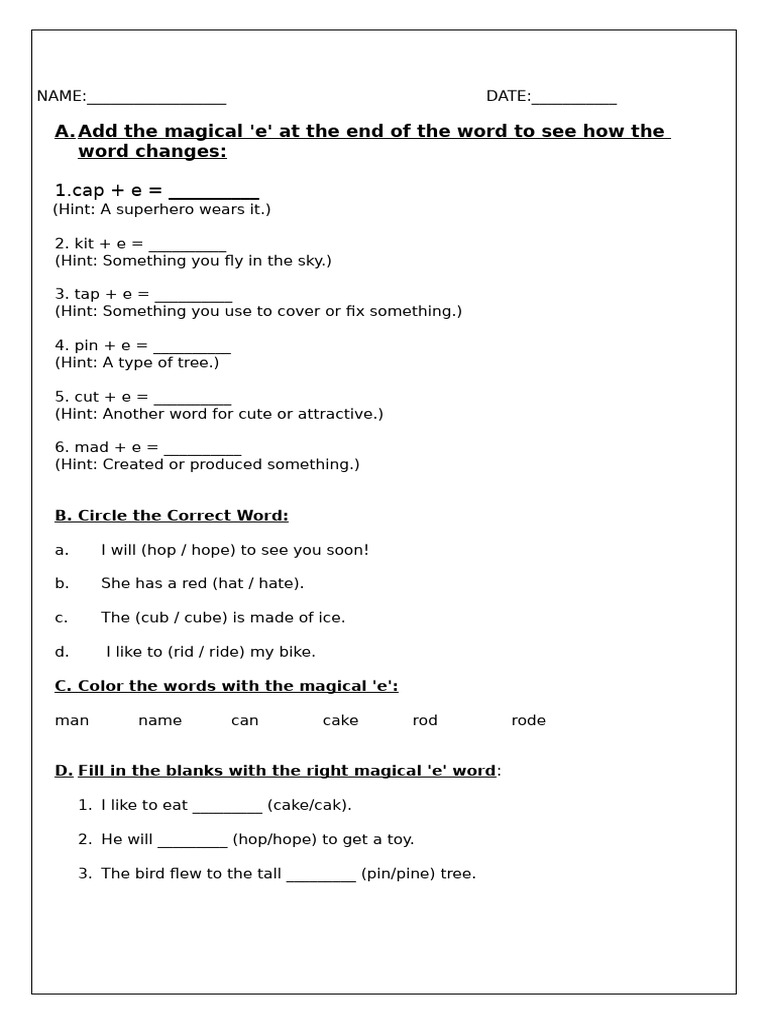 Magical 'E' Worksheet Activities | PDF