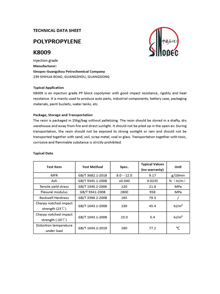K8009 Polypropylene Technical Data Sheet | PDF