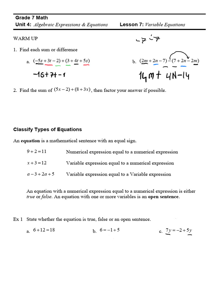 Grade 7 Algebraic Equations Guide | PDF | Equations | Algebra