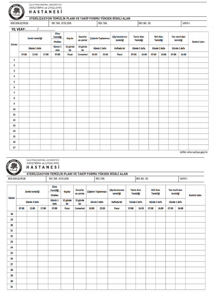 Sterilizasyon Temizlik Plani Ve Takip Formu Yüksek Riskli Alan | PDF