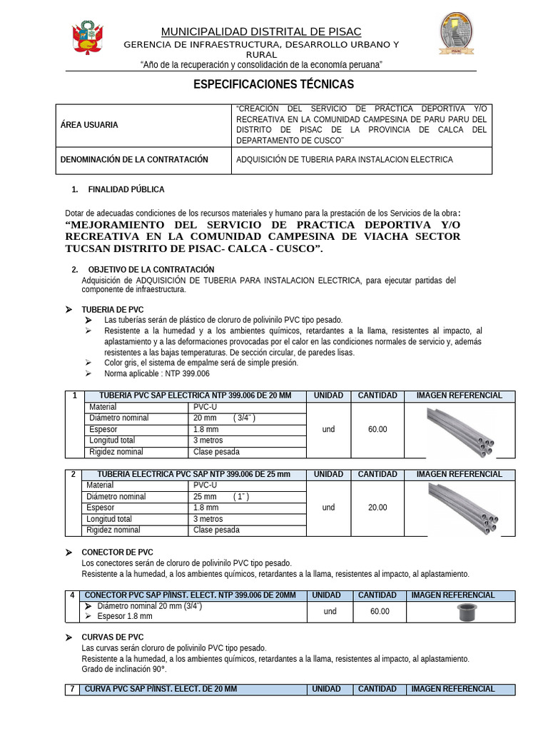 Adquisición de Tubería para Instalación Eléctrica en Pisac | PDF ...