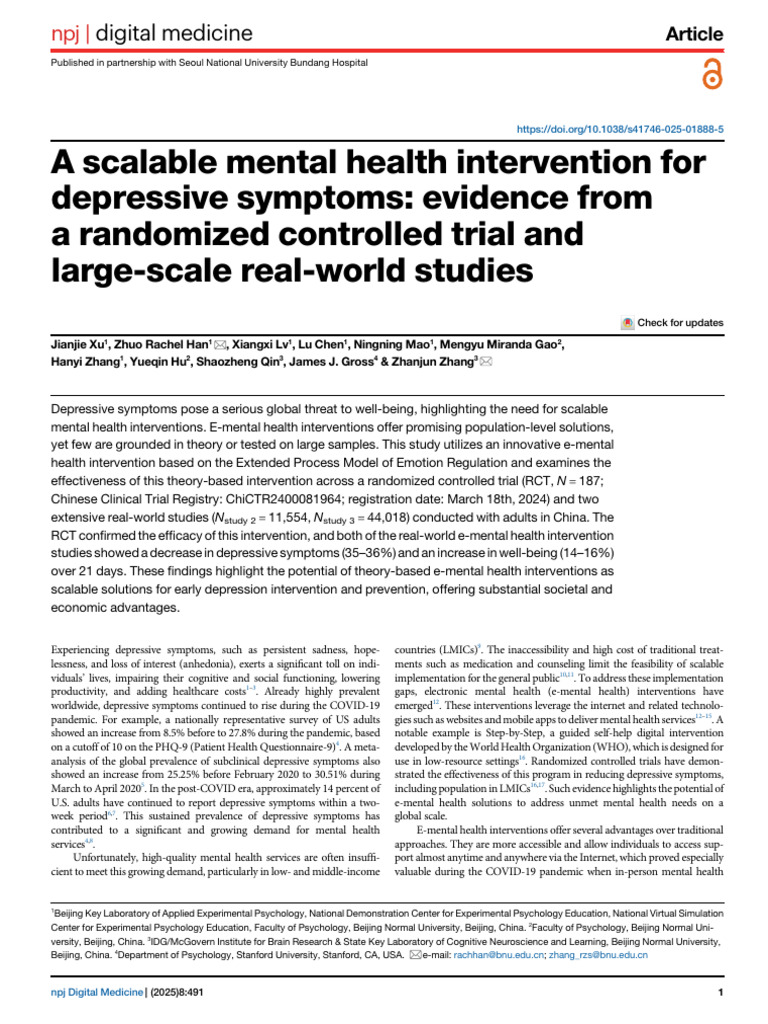 A Scalable Mental Health Intervention For Depressive Symptoms Evidence ...