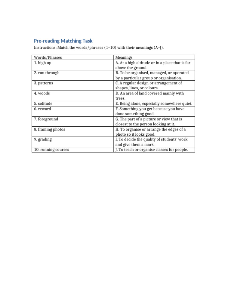 Pre Reading Matching Task | PDF