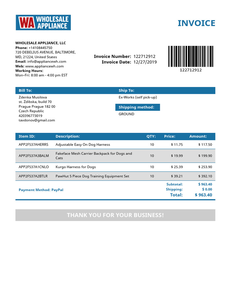 Wholesale Appliance Invoice Details | PDF