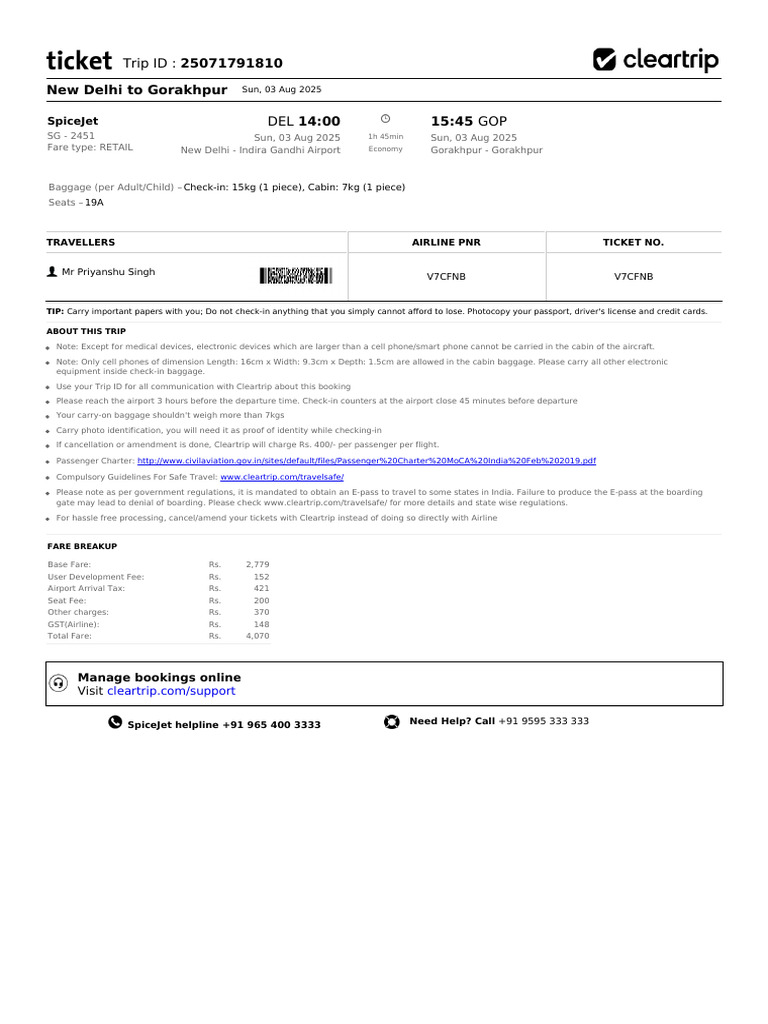 SpiceJet Flight Details: New Delhi to Gorakhpur | PDF | Aviation
