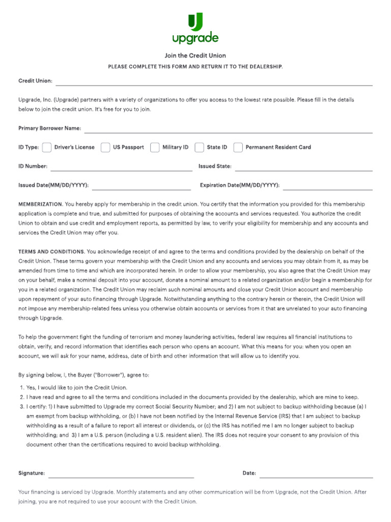 Join Upgrade Credit Union Membership Form | PDF | Credit | Finance ...