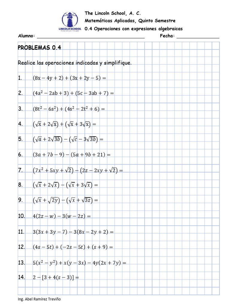 MA 0.4 Operaciones Con Expresiones Algebraicas | PDF