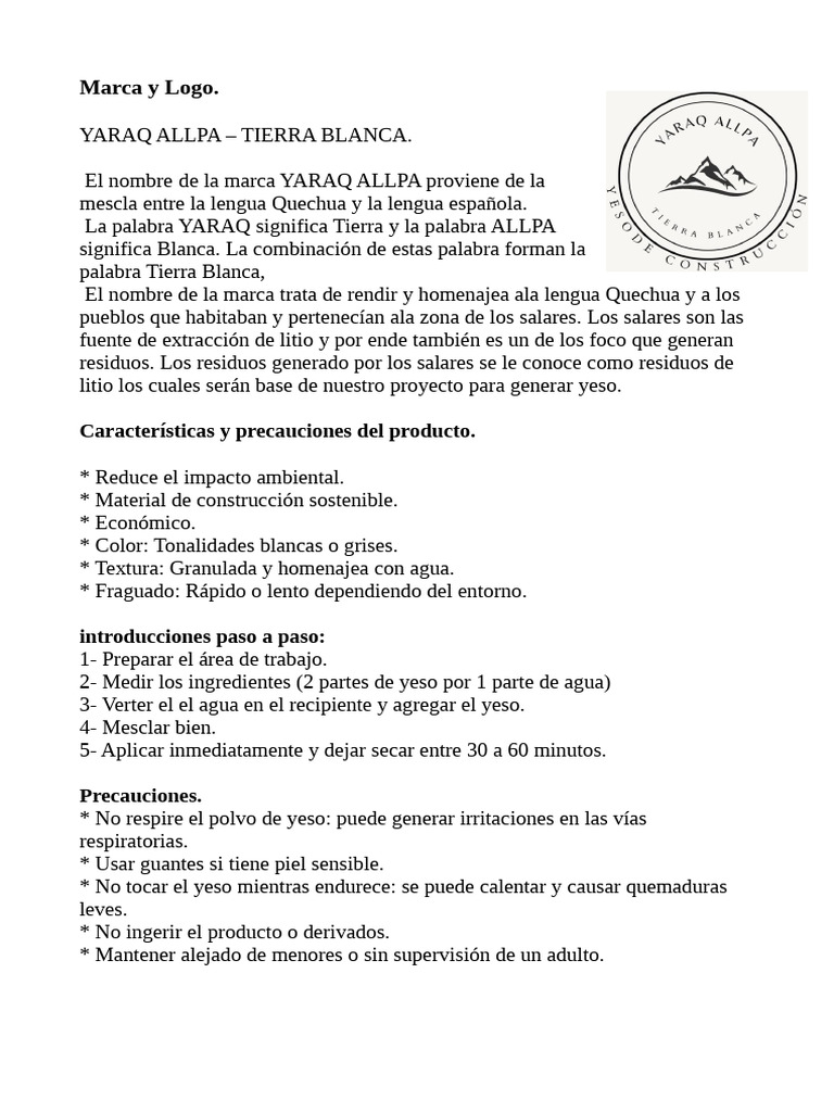 Yeso Sostenible YARAQ ALLPA: Tierra Blanca | PDF