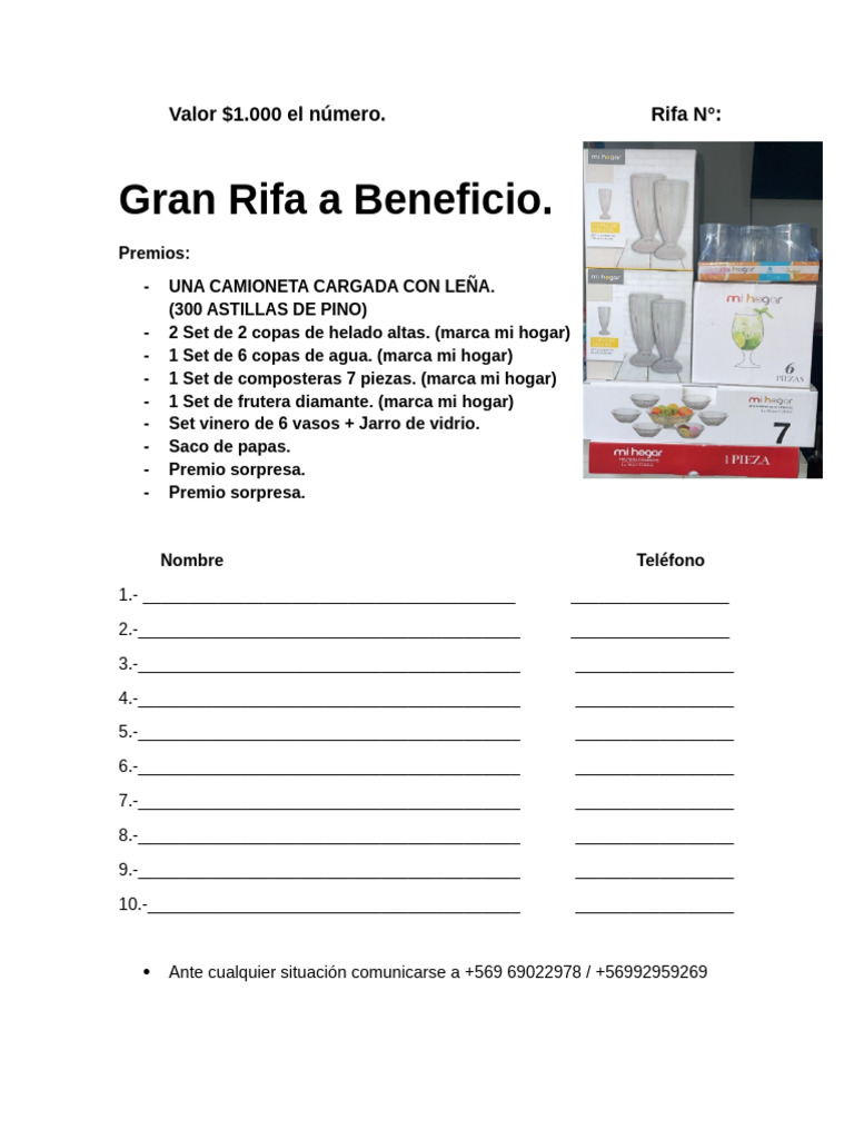 Gran Rifa a Beneficio: Premios y Números | PDF