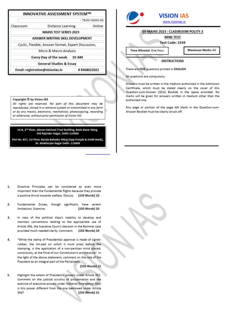 Vision IAS 2023 Mains Polity Test 3 | PDF | Government | Justice