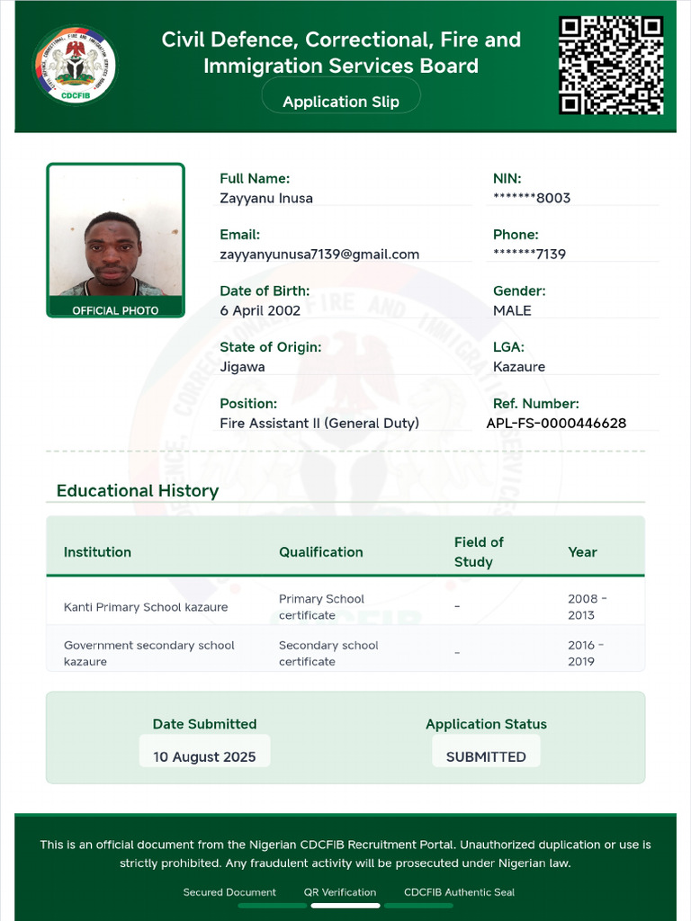 ZAYYANU INUSA Application Slip | PDF