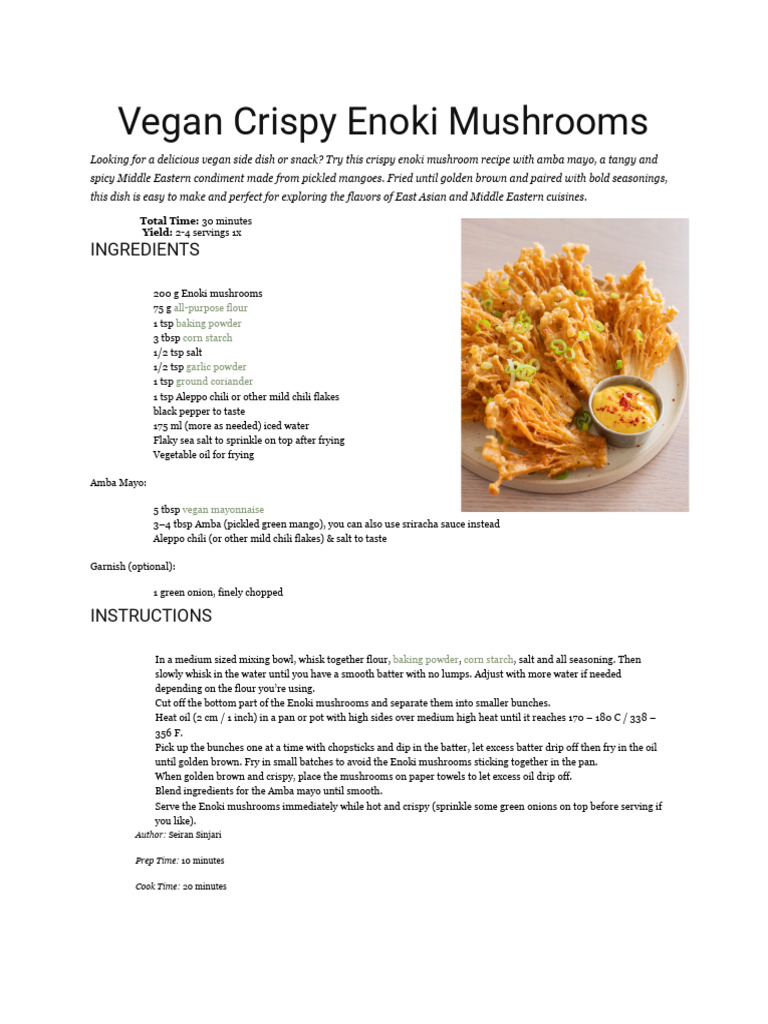 Crispy Vegan Enoki Mushroom Recipe | PDF | Pickling | Chili Pepper