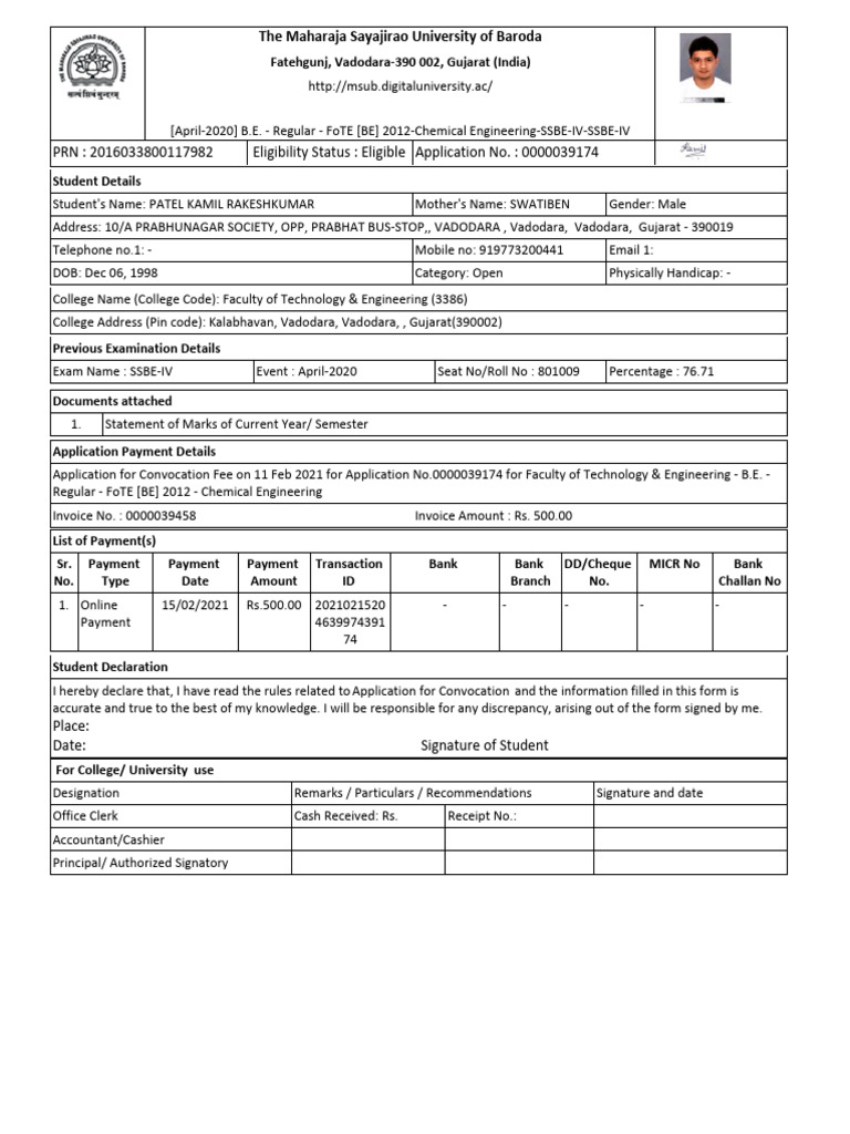 Convocation Application for Kamil Patel | PDF