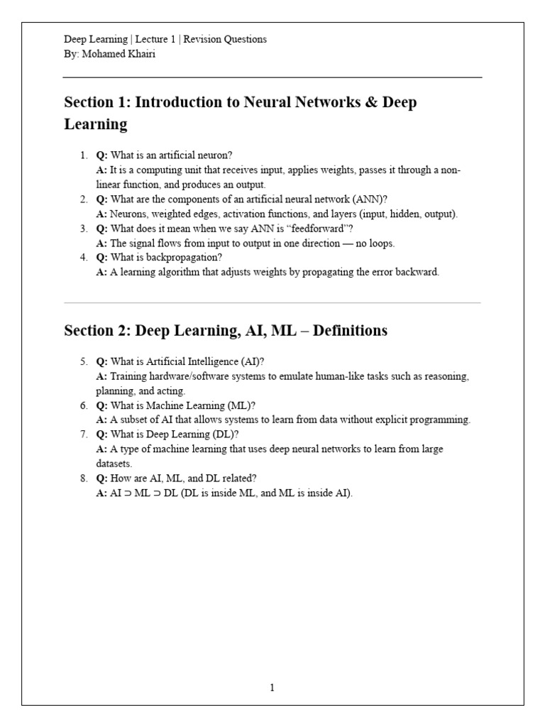 Deep Learning Lecture 1 Revision Q&A | PDF | Machine Learning | Deep ...