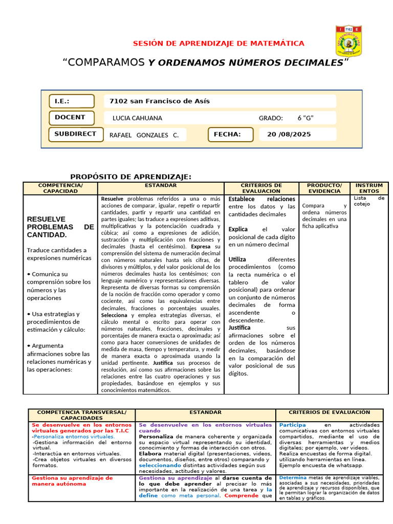 Comparación y Orden de Decimales | PDF | Aprendizaje | Decimal