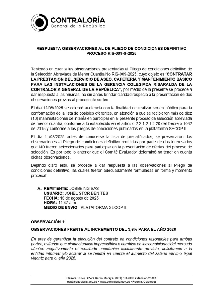 Respuesta A Observaciones Pliego Def. Ris-009-S-2025 | PDF | Salario mínimo