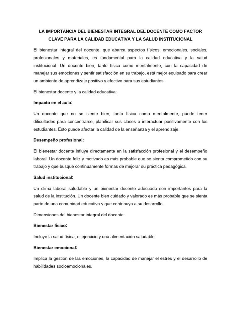 Bienestar Docente y Calidad Educativa | PDF | Maestros | Bienestar