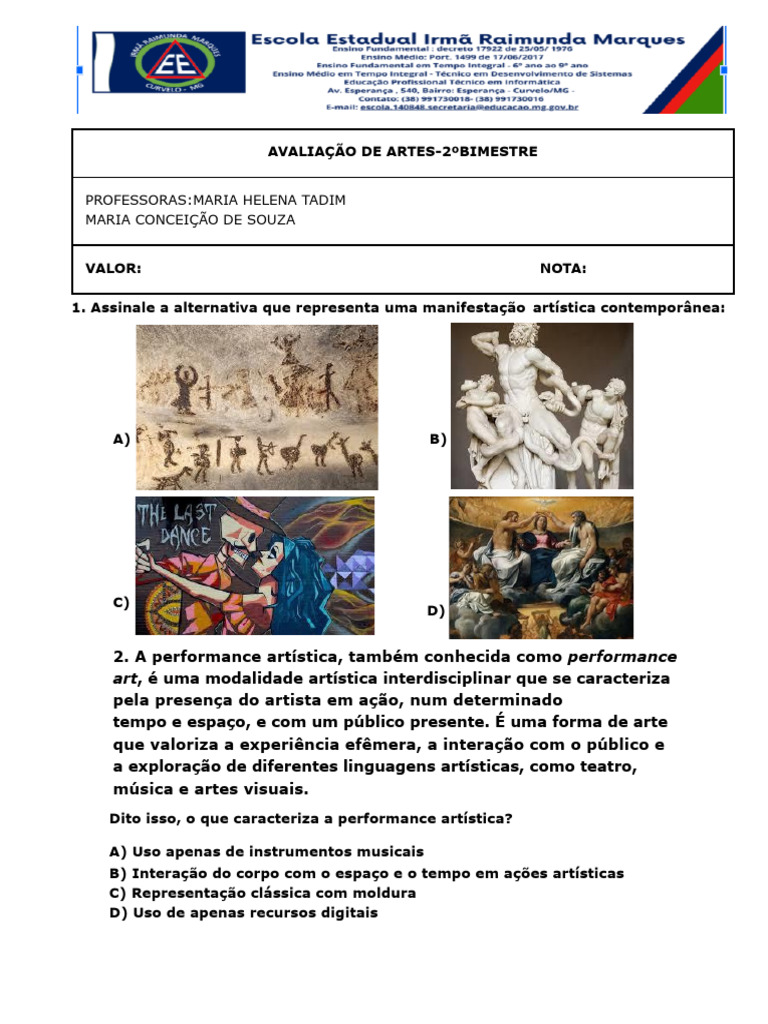 Avaliação de Artes: 2º Bimestre | PDF | Estética | Educação em Artes ...