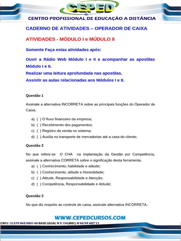 Atividades para Operador de Caixa: Módulos I e II | PDF | Cheque (banco ...