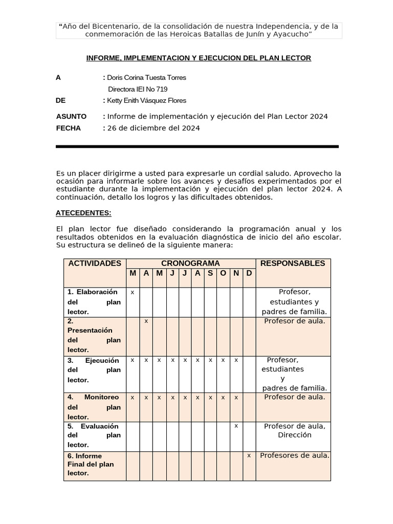 Informe sobre Plan Lector 2024 | PDF