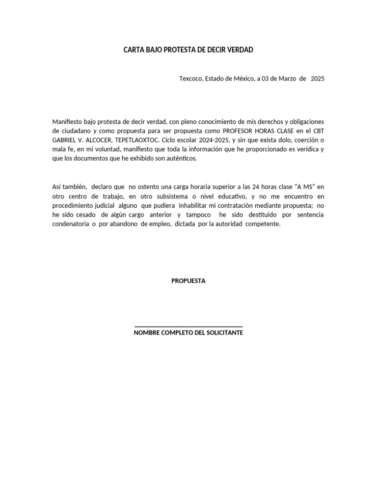 Carta de Protesta de Decir Verdad 2025 | PDF