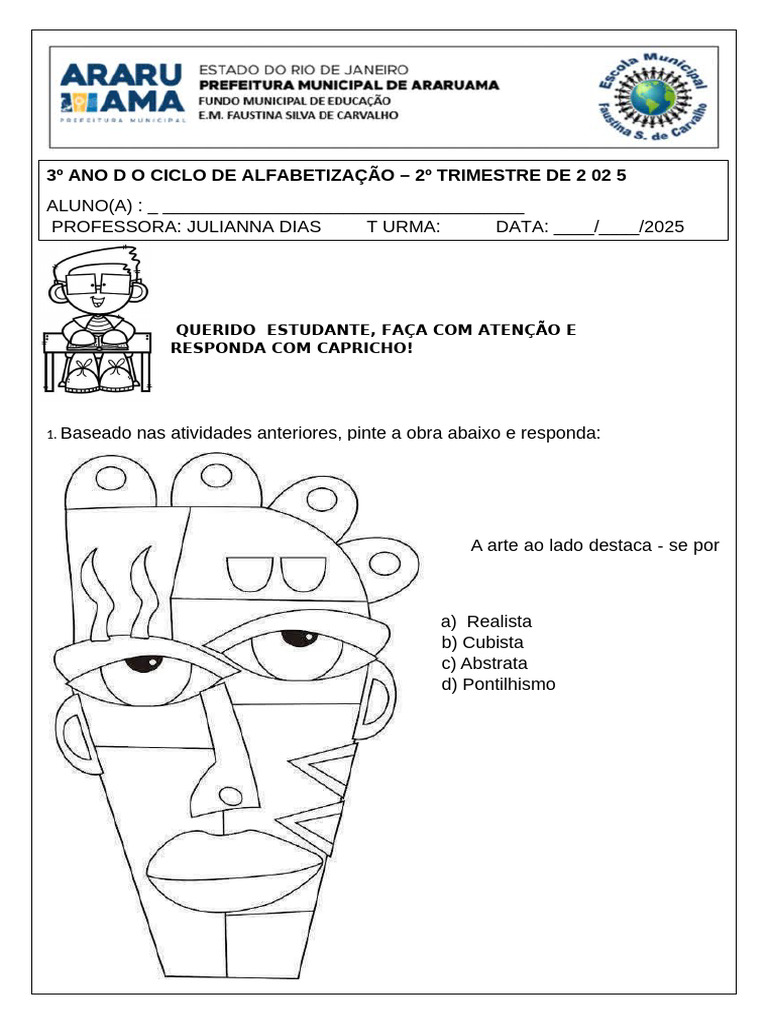 Avaliaçao 2 Trimestre 3 Ano Artes | PDF | Cubismo | Arte abstrata