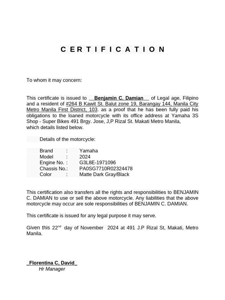 Motorcycle Ownership Certification for Benjamin Damian | PDF
