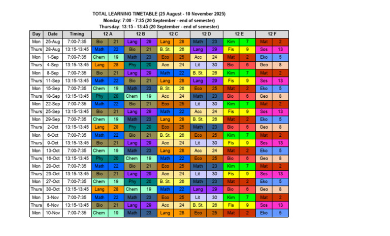 Learning Timetable: Aug-Nov 2025 | PDF