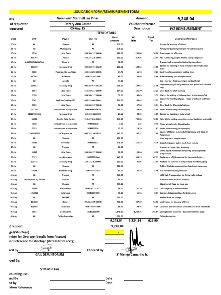 PCF Reimbursement Liquidation Form | PDF