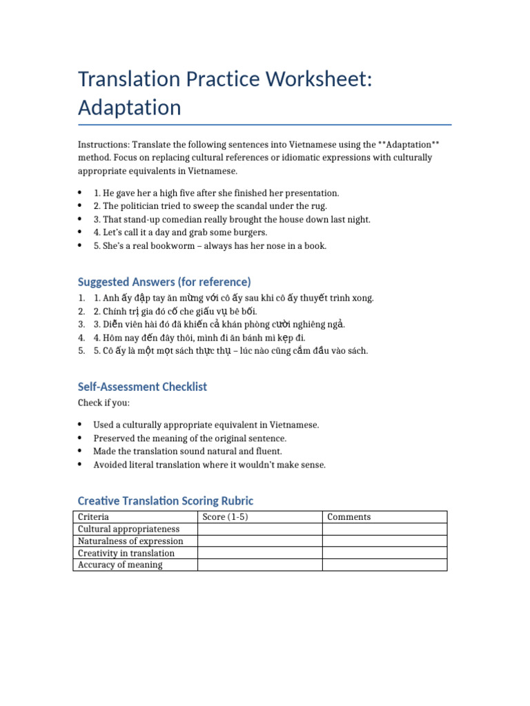 High Five Translation Practice Worksheet | PDF