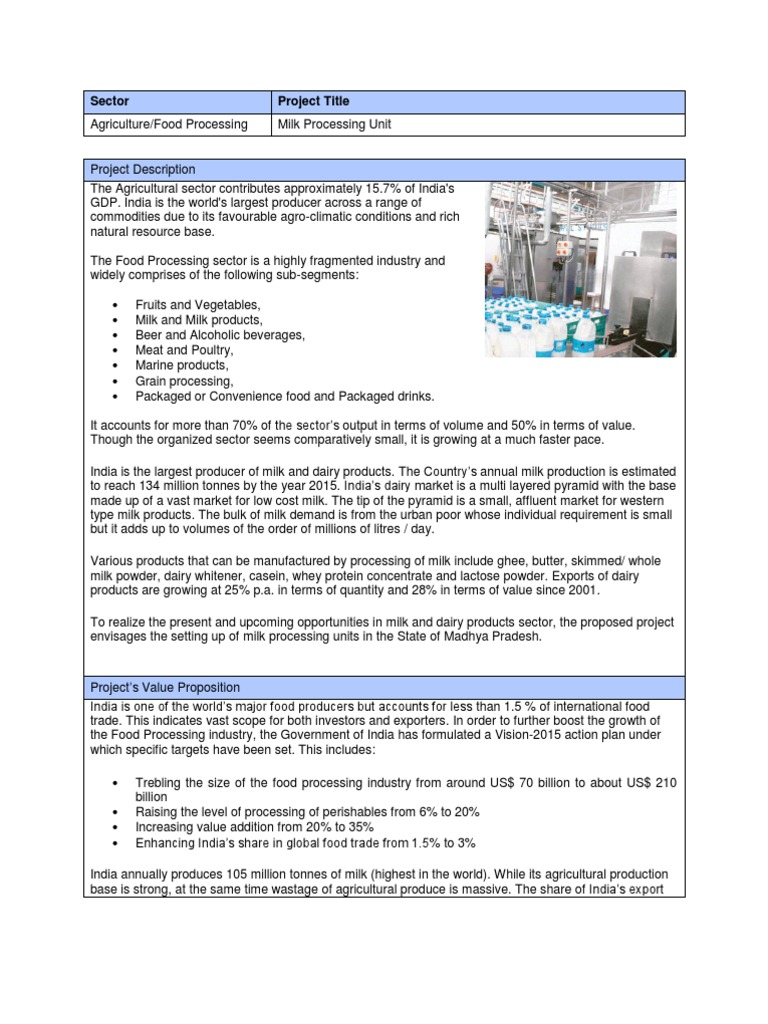 Agri & Food Processing - Milk Processing Project | PDF