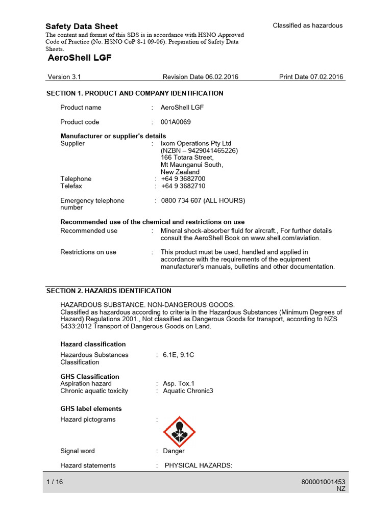 AeroShell LGF Safety Data Sheet | PDF | Toxicity | Dangerous Goods