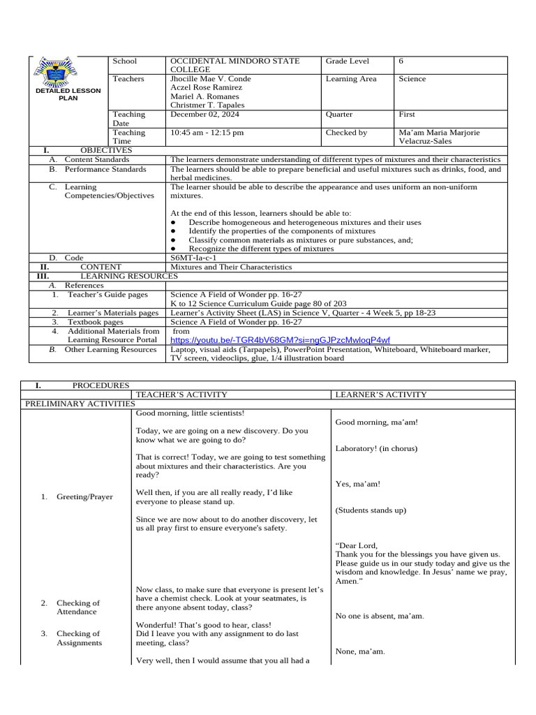 DETAILED LESSON PLAN (Science) | PDF | Mixture | Chemical Substances