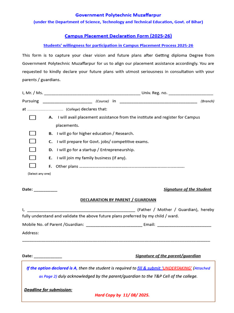 Campus Placement Declaration Form 2025-26 | PDF | Educational Stages