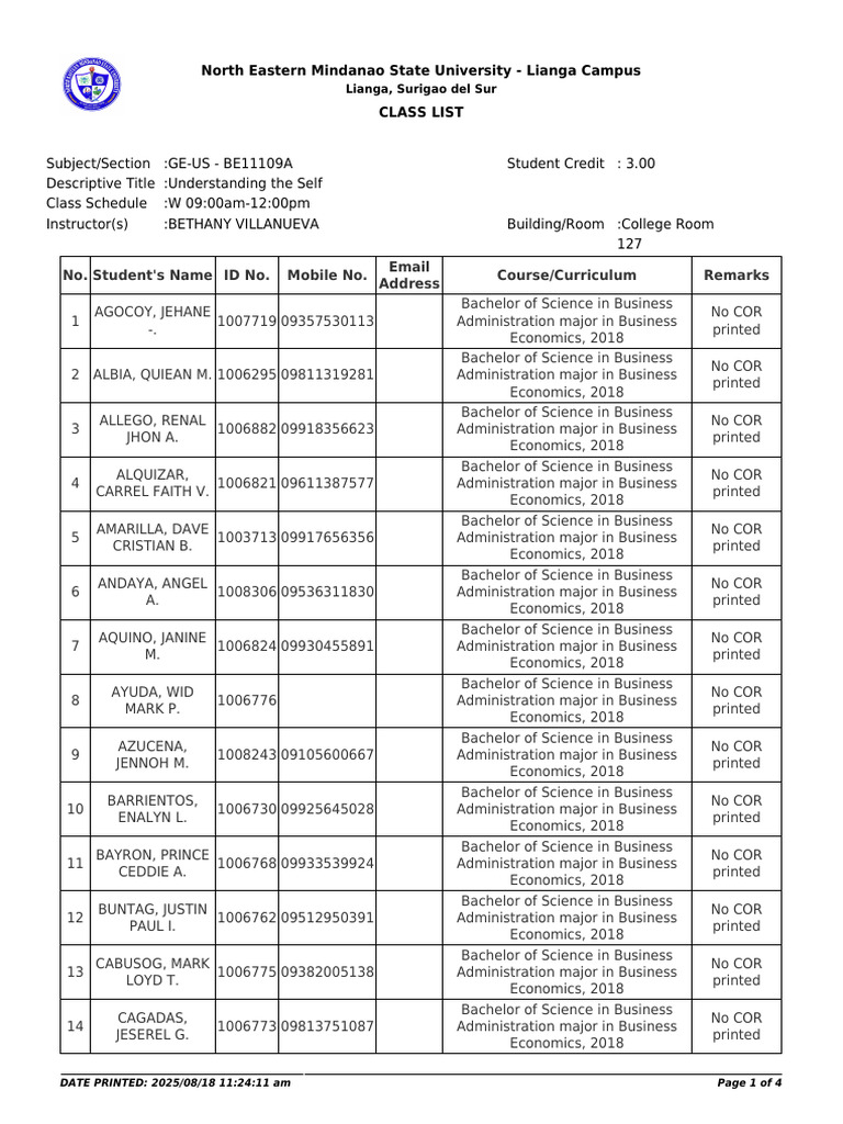 Class List for Understanding the Self | PDF | Academic Degree ...