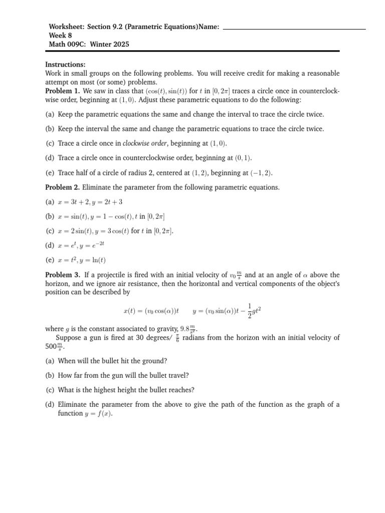 Parametric Equations Worksheet 9.2 | PDF