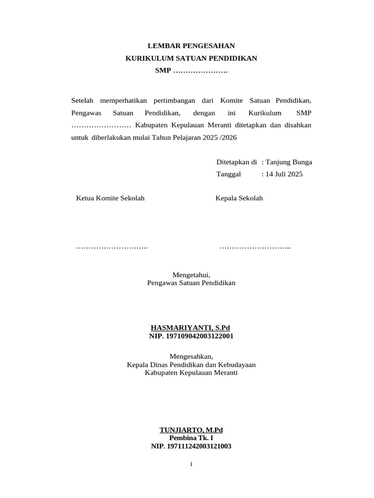 Pengesahan Kurikulum SMP 2025/2026 | PDF